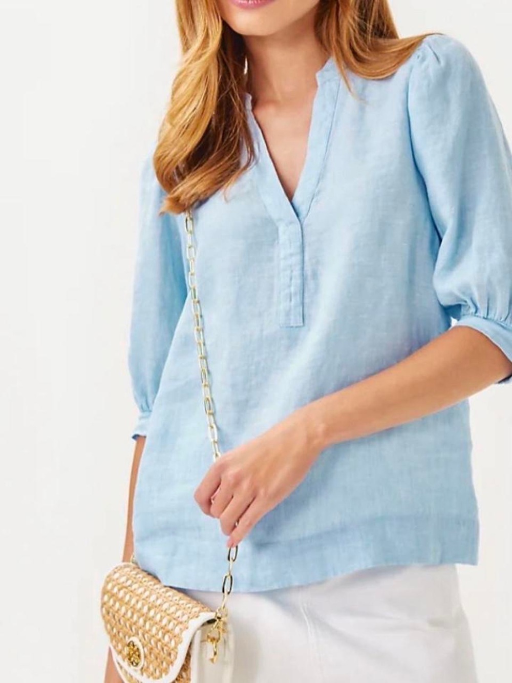 Lilly Pulitzer Mialeigh Linen Top Hydra Blue Puff Sleeve NWT Size 16
